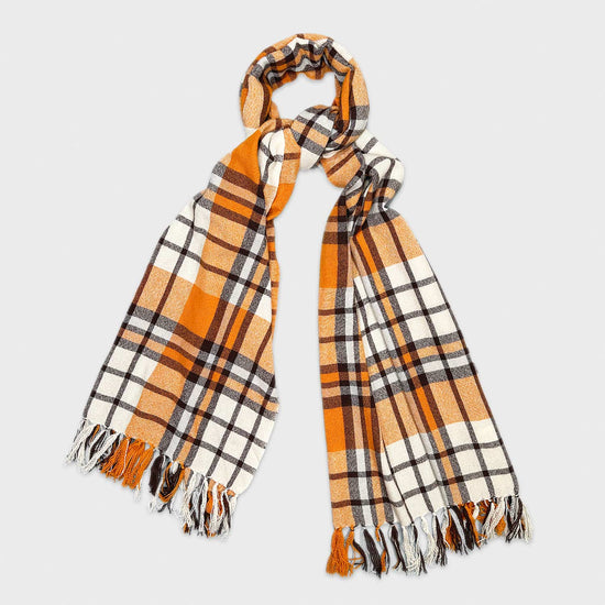Orange Cashmere Scarf Tartan 19 andrea's 47. Refined shawl, iconic pattern plaid cashmere scarf, orange and coffee brown colors. Ideal as a unisex scarf or cashmere shrug, made in Italy by 19 Andrea's 47 for Wools Boutique Uomo