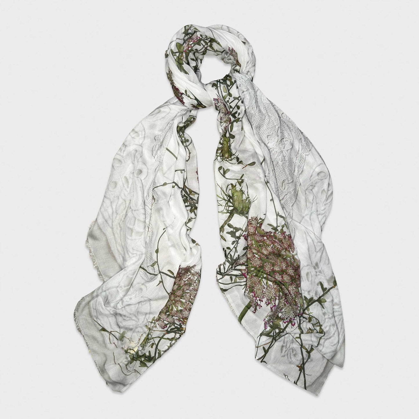 Faliero Sarti modal and silk scarf featuring a delicate botanical floral design on an elegant ivory background. Lightweight Italian scarf with refined natural elegance. Made in Italy.
