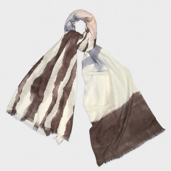 Wedgwood Blue Hand Painted Cashmere Scarf 19 andrea's 47. Soft cashmere shawl. Refined fantasy pattern wedgwood blue scarf, coffee brown, ivory white. Ideal as a unisex scarf or cashmere shrug, made in Italy by 19 Andrea's 47 for Wools Boutique Uomo