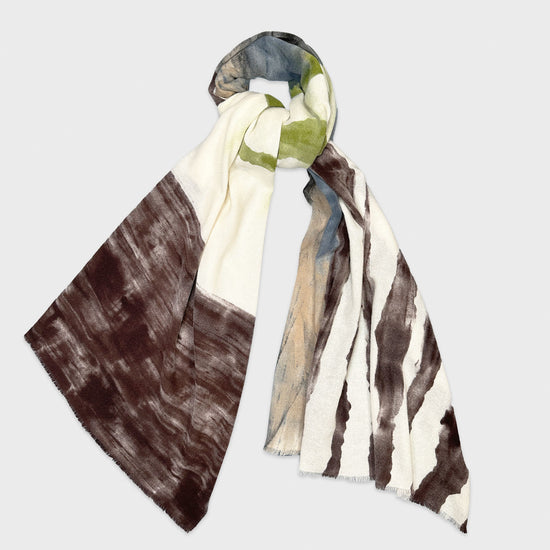 Lime Green Hand Painted Cashmere Scarf 19 andrea's 47. Soft cashmere shawl. Refined fantasy pattern lime green scarf, coffee brown, ivory white. Ideal as a unisex scarf or cashmere shrug, made in Italy by 19 Andrea's 47 for Wools Boutique Uomo