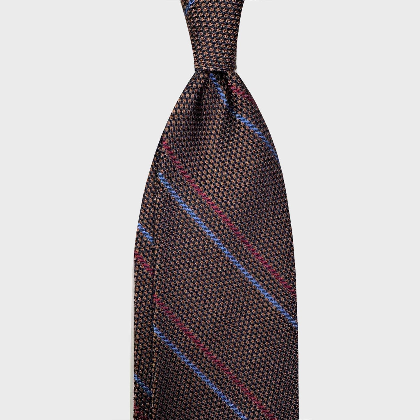 Coffee Brown Regimental Multi Striped Silk Tie Grenadine Small Gauze. Coffee Brown silk tie striped small gauze grenadine, sky blue and ruby red striped ties, magasin vetement homme suisse, boutique de cravates classiques geneve