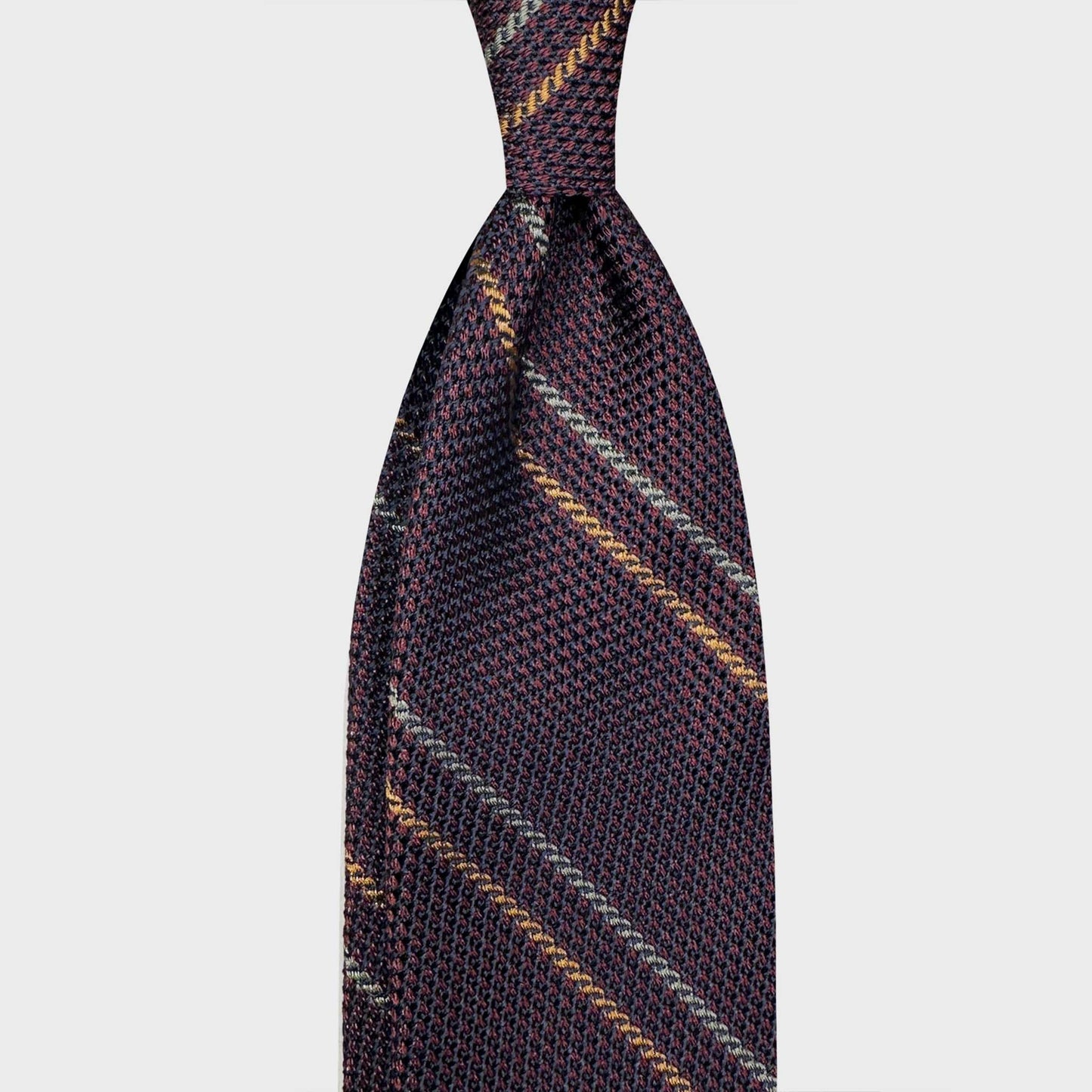 Purple Regimental Multi Striped Silk Tie Grenadine Small Gauze. The elegant eggplant purple silk tie small gauze grenadine, sage green and yellow striped ties, magasin vetement homme suisse, boutique de cravates classiques geneve