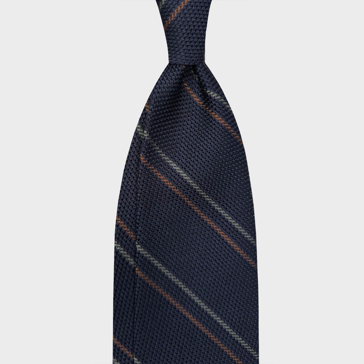 Navy Blue Regimental Multi Striped Silk Tie Grenadine Small Gauze. Timeless navy blue silk tie small gauze grenadine, sage green and orange striped ties, magasin vetement homme suisse, boutique de cravates classiques geneve
