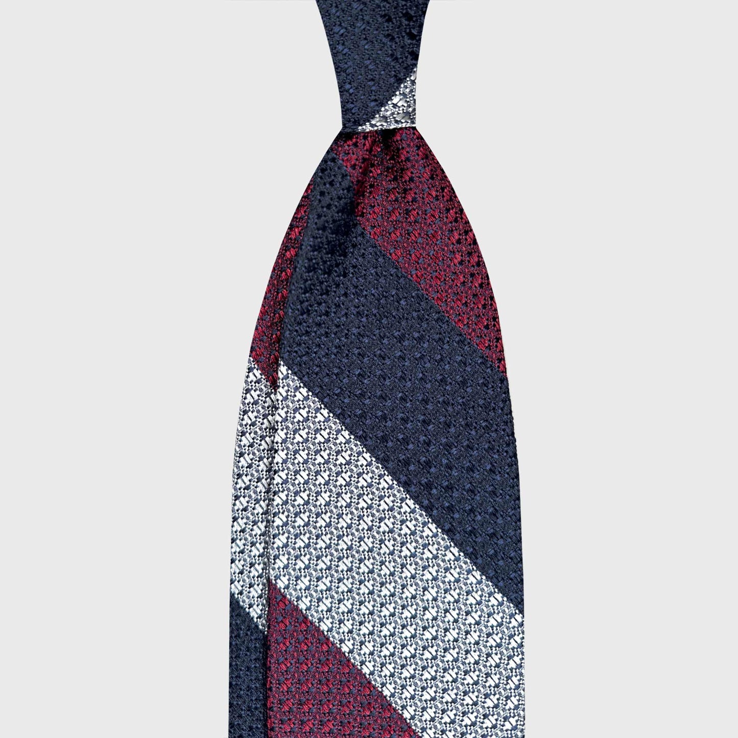 Grenadine large gauze silk tie navy blue red wine silver regimental stripes Wools Boutique Uomo Geneva