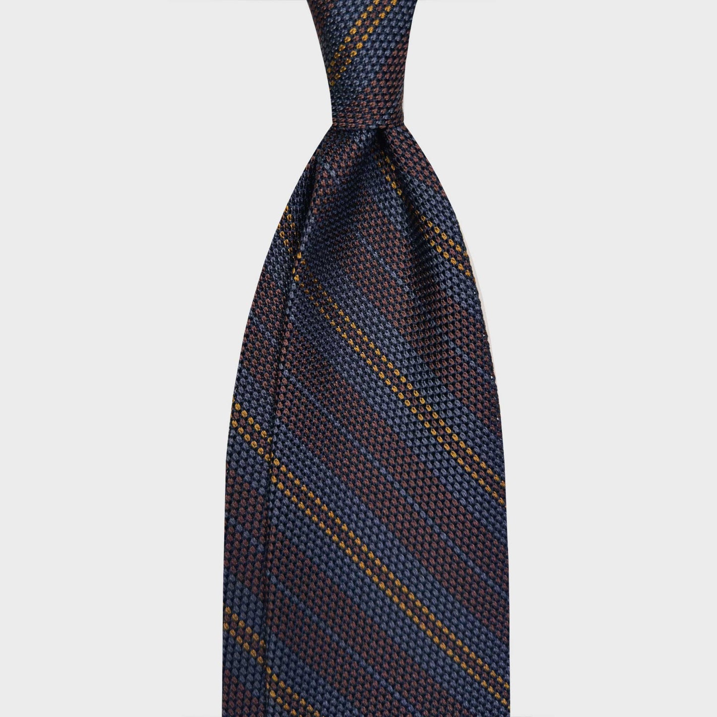 Coffee Brown Regimental Multi Striped Silk Tie Grenadine Small Gauze. Elegant grenadine silk tie small gauze, coffee brown background, cerulean blue multi striped ties, men's multi striped ties store in geneva