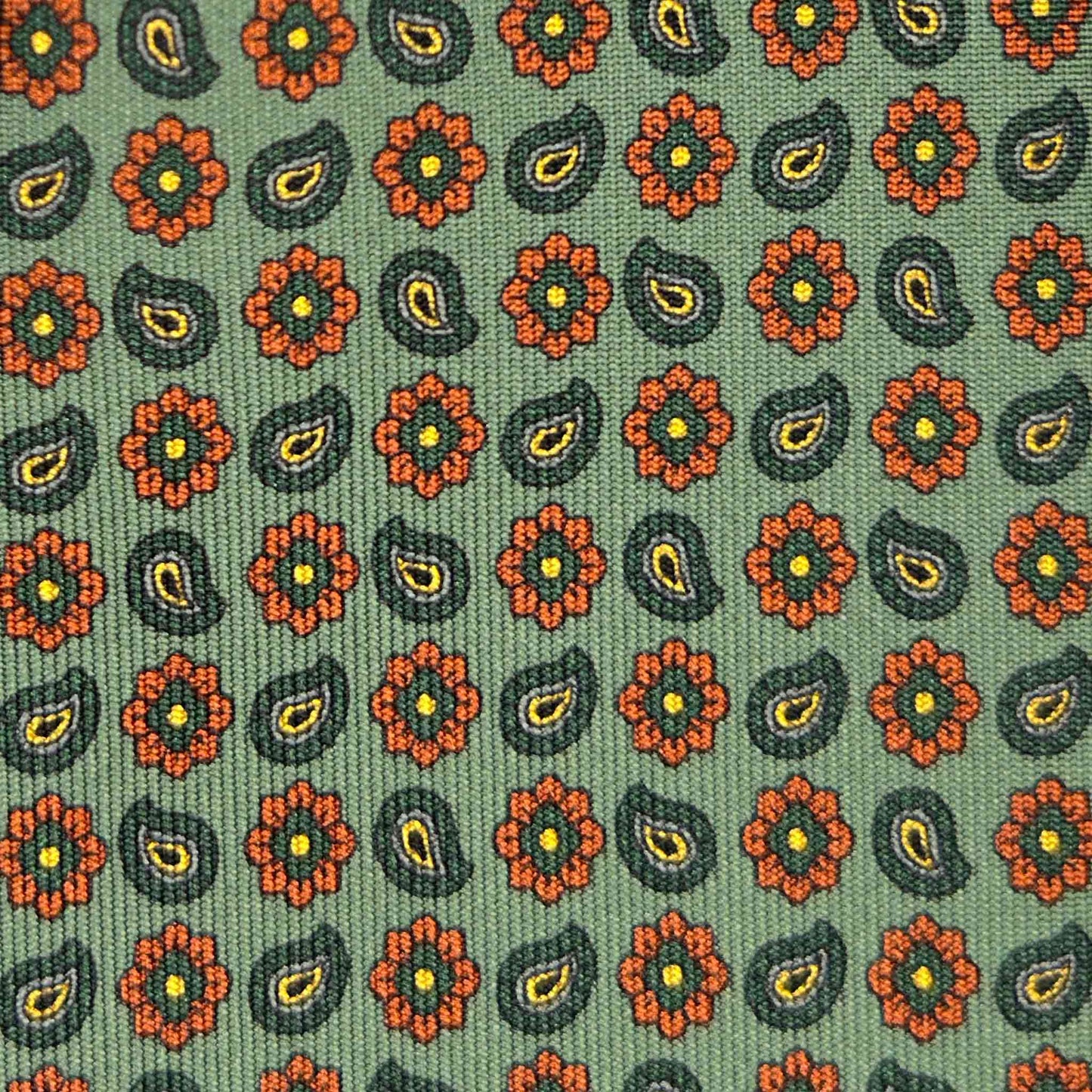 Handmade Italian silk tie in loden green with classic micro daisy paisley