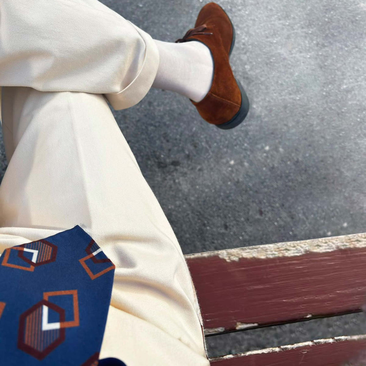 Cobalt Blue Silk Tie Art Deco Bold Geometric Pattern. Cobalt blue silk tie featuring an Art Deco geometric motif in coffee brown and cinnamon tones. Handmade in Italy with distinctive sartorial character.