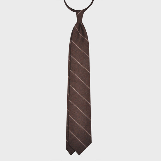 Load image into Gallery viewer, Coffee Brown Stripes Wool Tie Unlined 3 Folds. Soft flannel wool tie, handmade f marino napoli for Wools Boutique Uomo, coffee brown with ivory white stripes color, soft fabric to the touch, ideal for lovers of regimental wool ties
