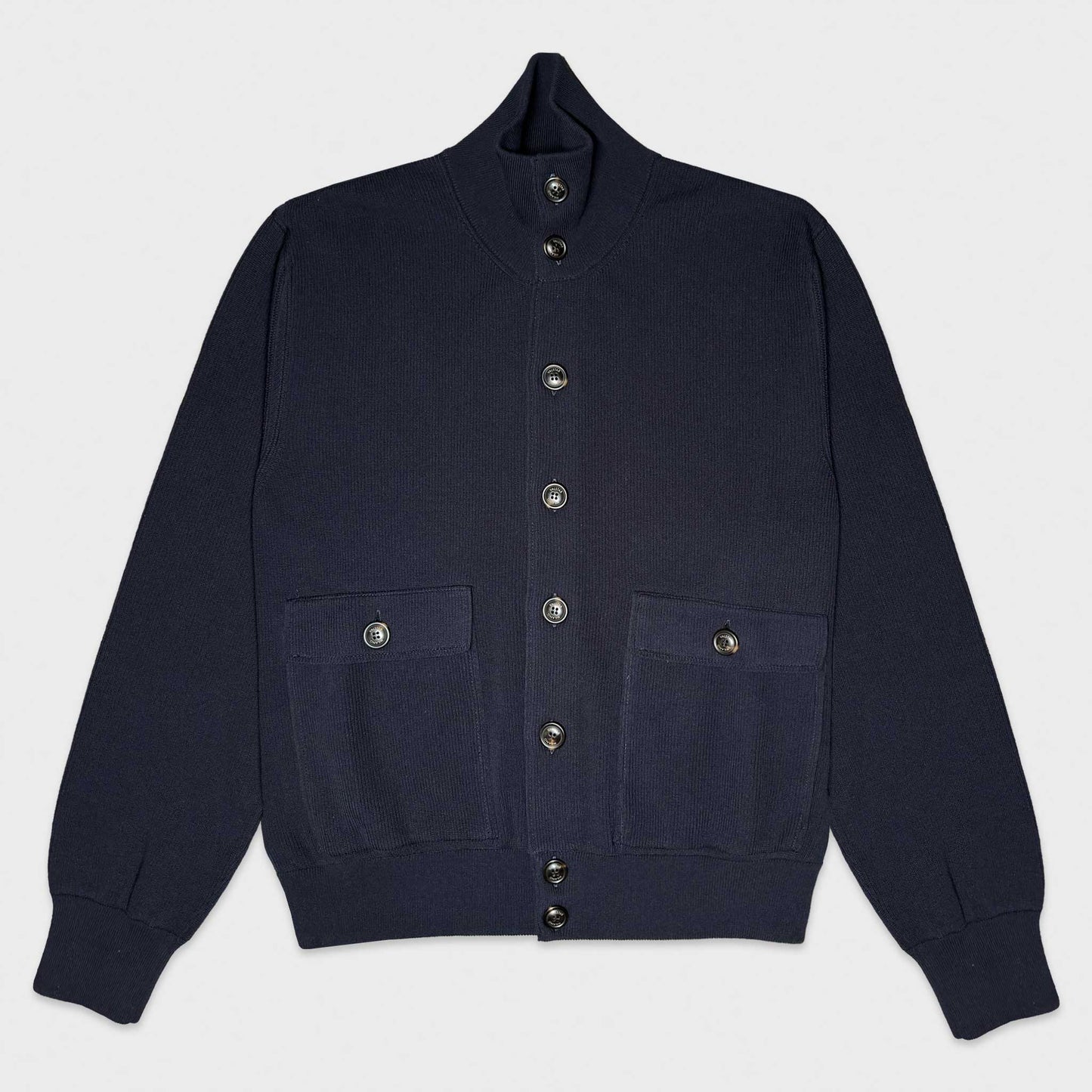 Navy Blue Ribbed Cotton Knitwear Valstarino Jacket. The iconic Valstarino jacket made of ribbed cotton as a cardigan sweater, all parts are made of ribbed cotton in navy blue color, shop Valstar in Geneva mens store Wools Boutique Uomo