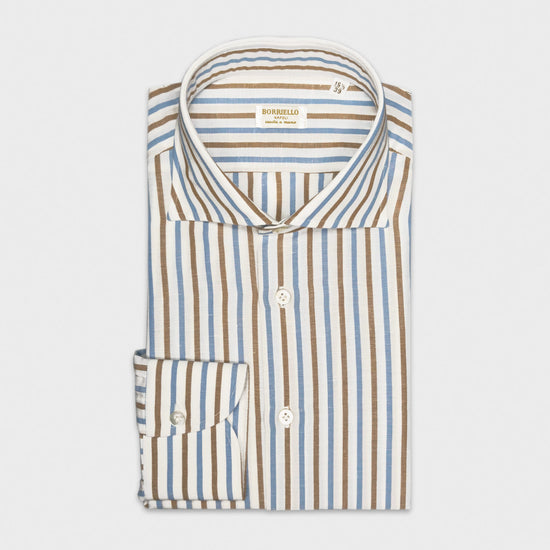 Cognac Brown Sky Blue Striped Shirt Cotton Linen. Cognac brown and sky blue classic striped shirt, handmade by Borriello Napoli exclusive for Wools Boutique Uomo with a luxury italian fabric cotton and linen, easy to match with many classic ties and jackets.