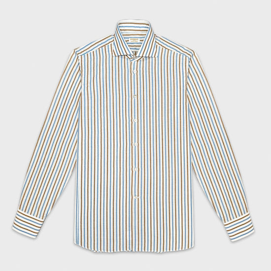 Cognac brown and sky blue classic striped shirt, handmade by Borriello Napoli exclusive for Wools Boutique Uomo with a luxury italian fabric cotton and linen, easy to match with many classic ties and jackets.