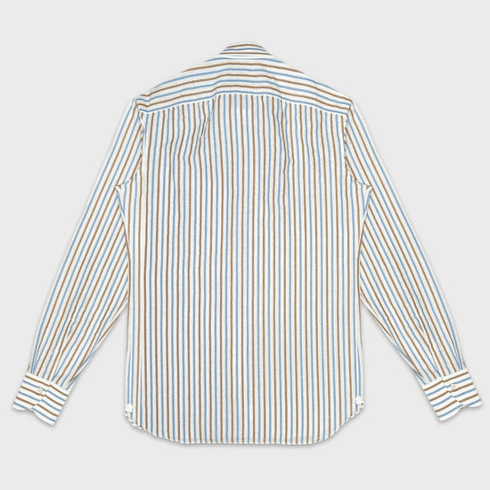 Cognac brown and sky blue classic striped shirt, handmade by Borriello Napoli exclusive for Wools Boutique Uomo with a luxury italian fabric cotton and linen, easy to match with many classic ties and jackets.