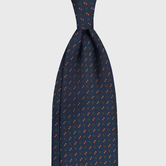 Tailored Navy Blue Silk Tie Formal Micro Fantasy Pattern. Sartorial navy blue silk tie, brown ocra green micro fantasy pattern, tailoring f marino ties for Wools Boutique Uomo Geneva