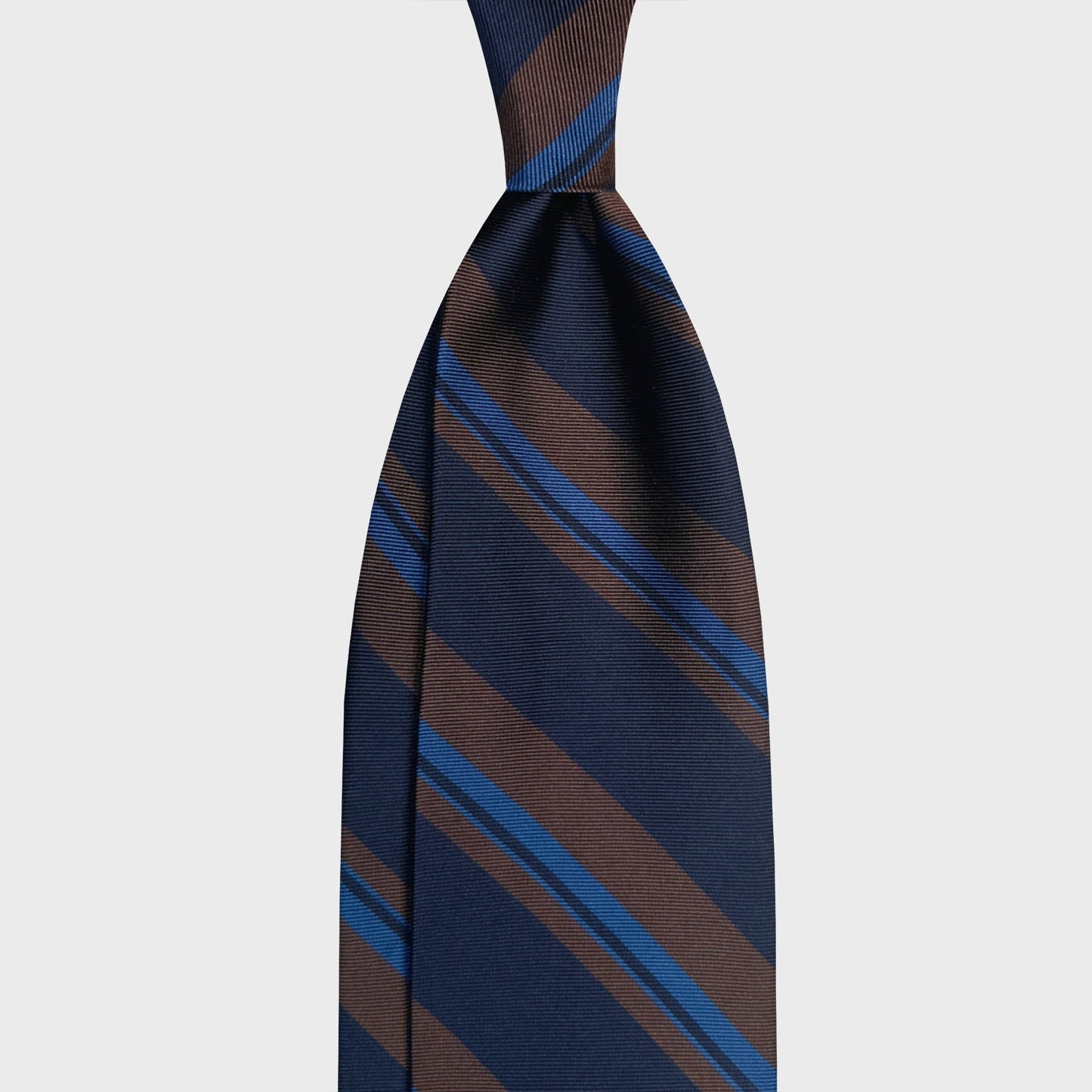 Coffee Brown Striped Regimental Silk Tie Shop Geneva  Club silk tie, made with jacquard silk, blue and brown stripes, handmade in Italy silk ties F.Marino Napoli for Wools Boutique Uomo in Geneva