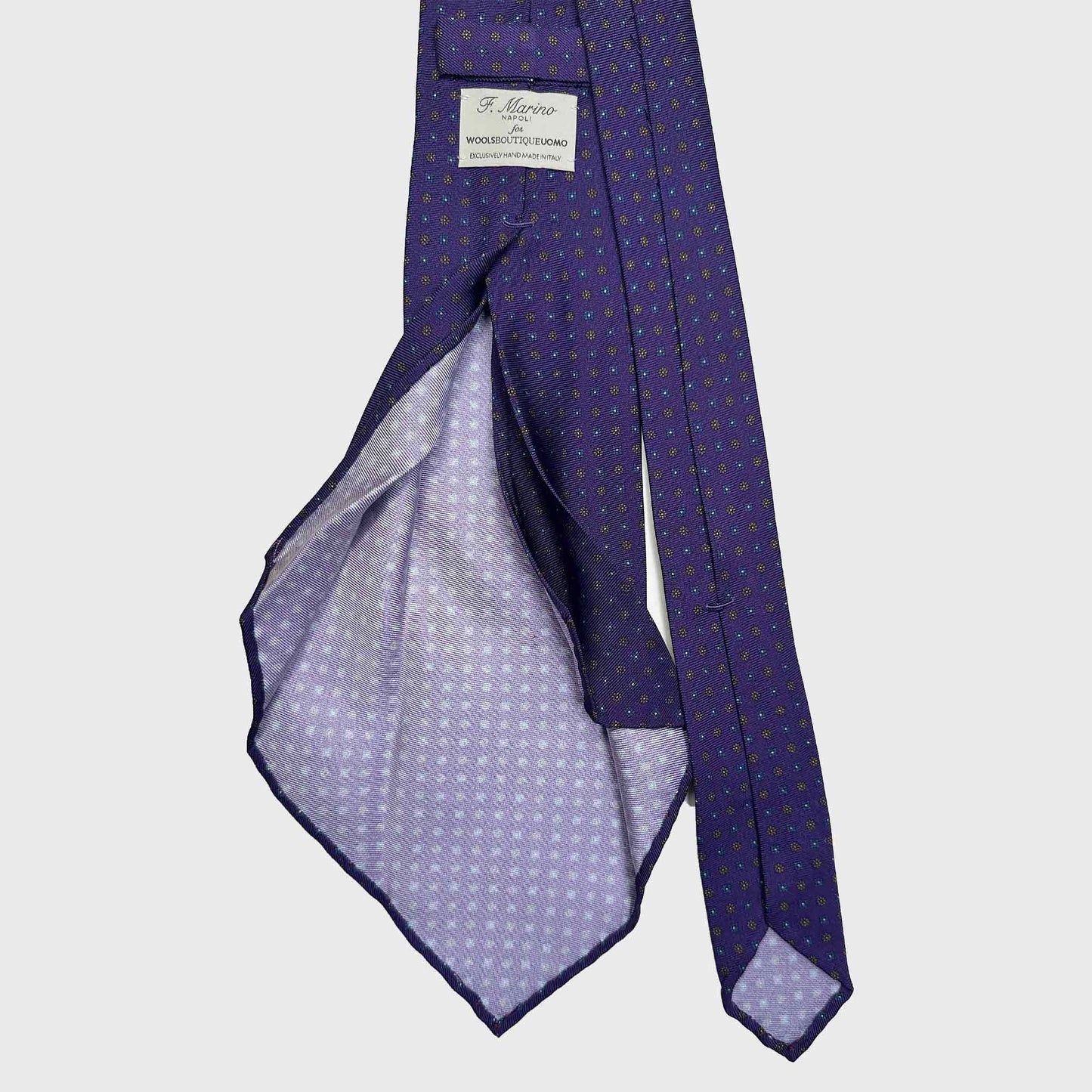 Elegant violet silk tie with cobalt blue and soft brown micro daisy, madder seven folds silk ties F.Marino Napoli for Wools Boutique Uomo Genève