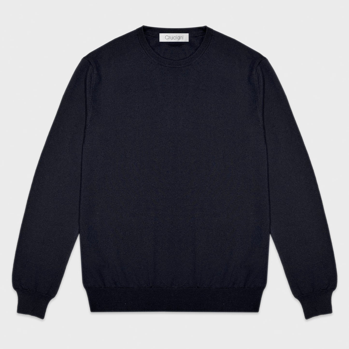 Navy Blue Crewneck Merino Wool Sweater Cruciani. This is the timeless sweater under jacket. Classic blue sweater merino wool, crewneck model, classic regular fit, finished with the 2cm small edge ribbed crewneck detail, made in Italy by Cruciani