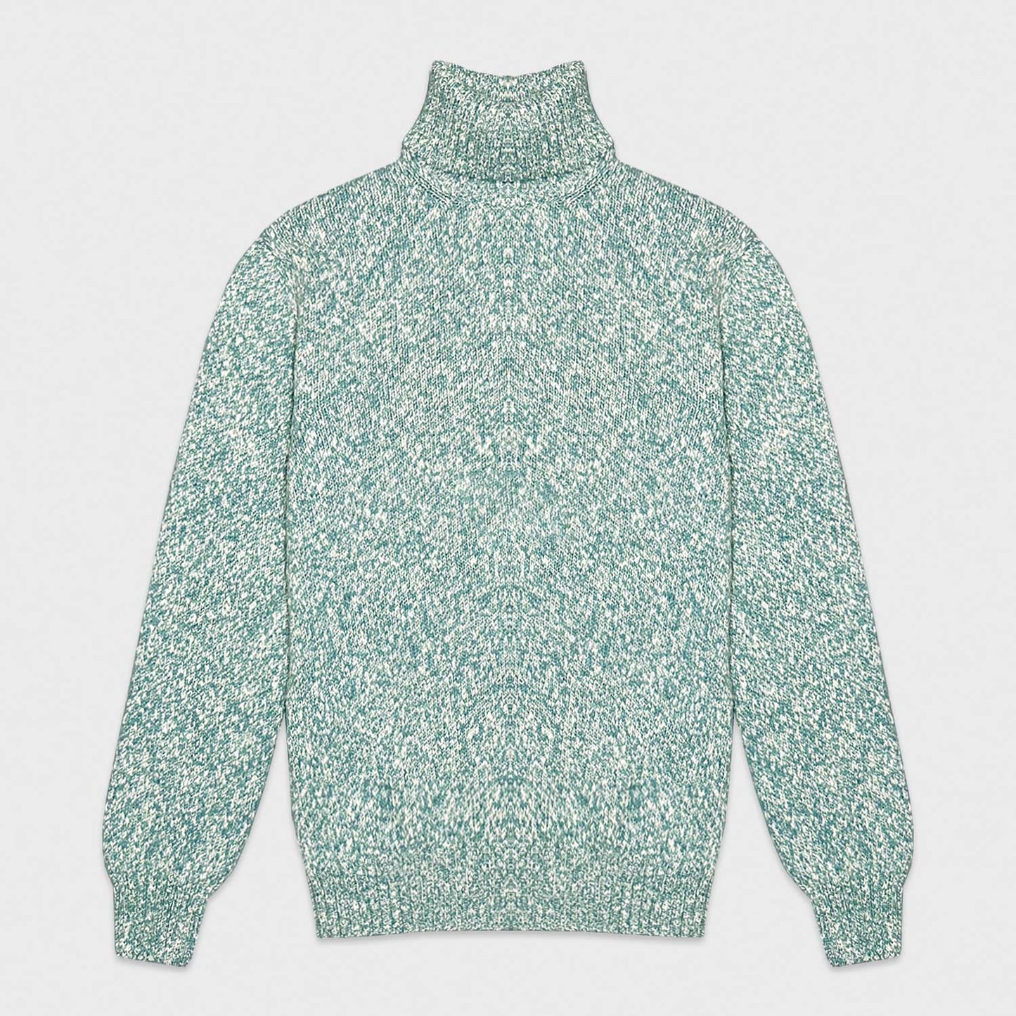 Teal Green Mouliné Turtleneck Wool Sweater Cruciani. No winter without an mouliné wool turtleneck warm and soft! This refined mix of teal green and ivory white colors is ideal for many outfits, perfect to wear with a blazer or with a coat on cold days.