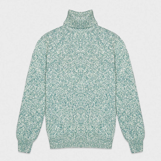 Teal Green Mouliné Turtleneck Wool Sweater Cruciani. No winter without an mouliné wool turtleneck warm and soft! This refined mix of teal green and ivory white colors is ideal for many outfits, perfect to wear with a blazer or with a coat on cold days.