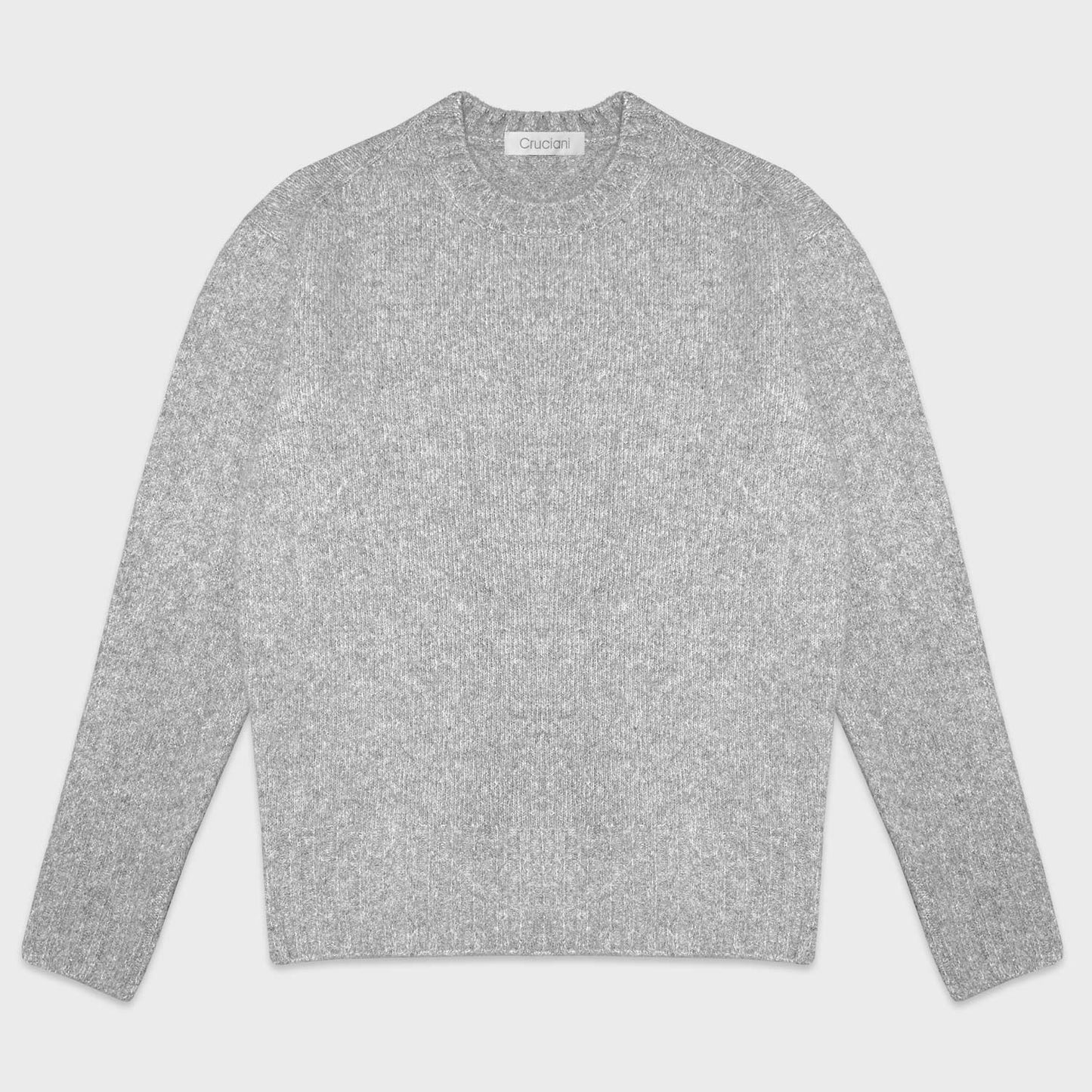 Cloud Grey Shetland Wool Crewneck Sweater Cruciani. This sweater is made in Italy by Cruciani using a balanced dose of cashmere wool and artificial fibers to create a felted effect typical of Scottish Shetland sweaters, not hispid knit to the touch.