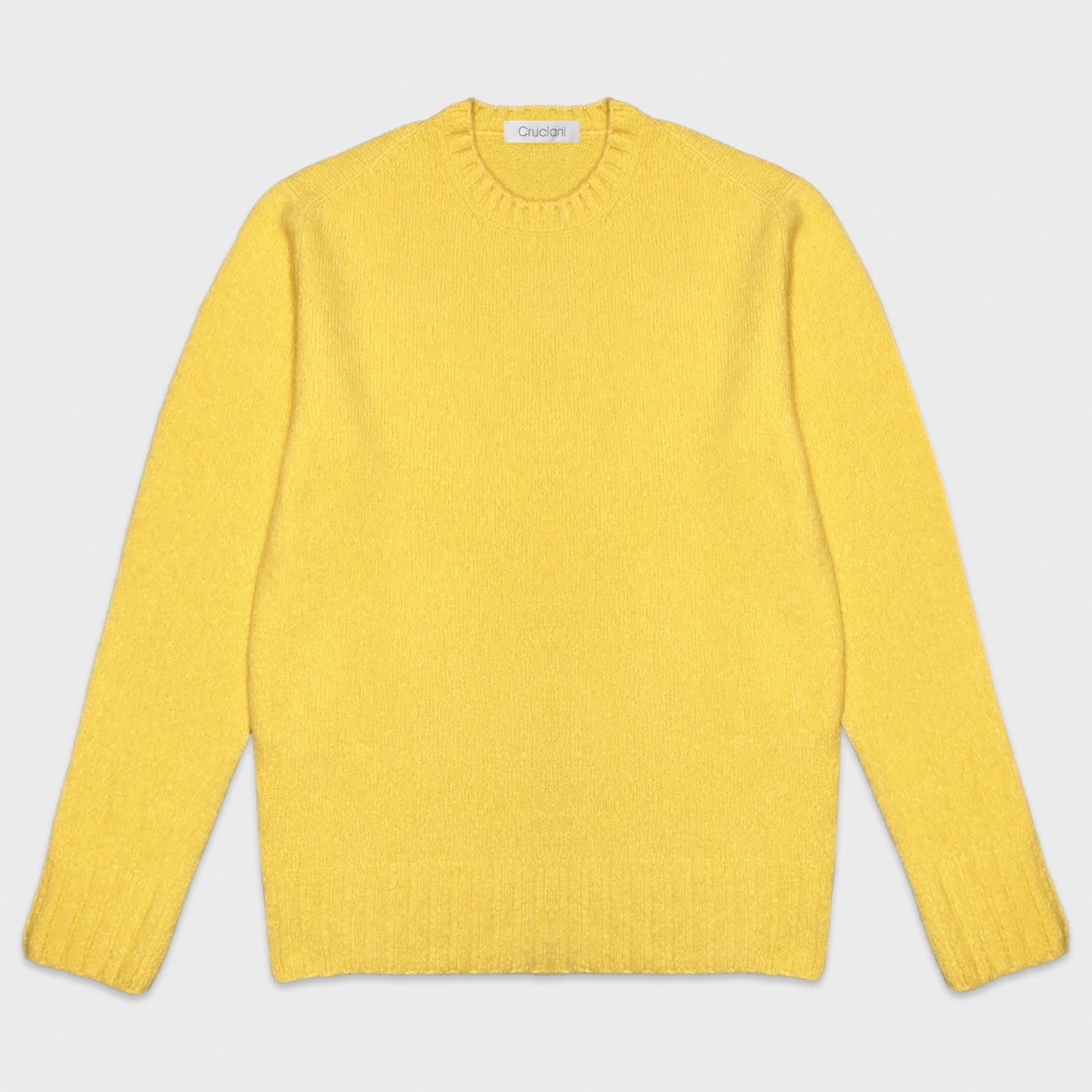 Lemon Yellow Shetland Wool Crewneck Sweater Cruciani. It is not a sweater made with wool from the Shetland Islands in Scotland, it is a luxurious reinterpretation of the traditional Scottish Shetland sweater, made in Italy by Cruciani, rib stitch neck.