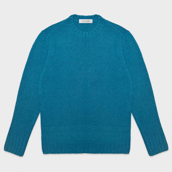 Petrol Blue Shetland Wool Crewneck Sweater Cruciani. It is not a sweater made with wool from the Shetland Islands in Scotland, it is a luxurious reinterpretation of the traditional Scottish Shetland sweater, made in Italy by Cruciani, rib stitch neck.