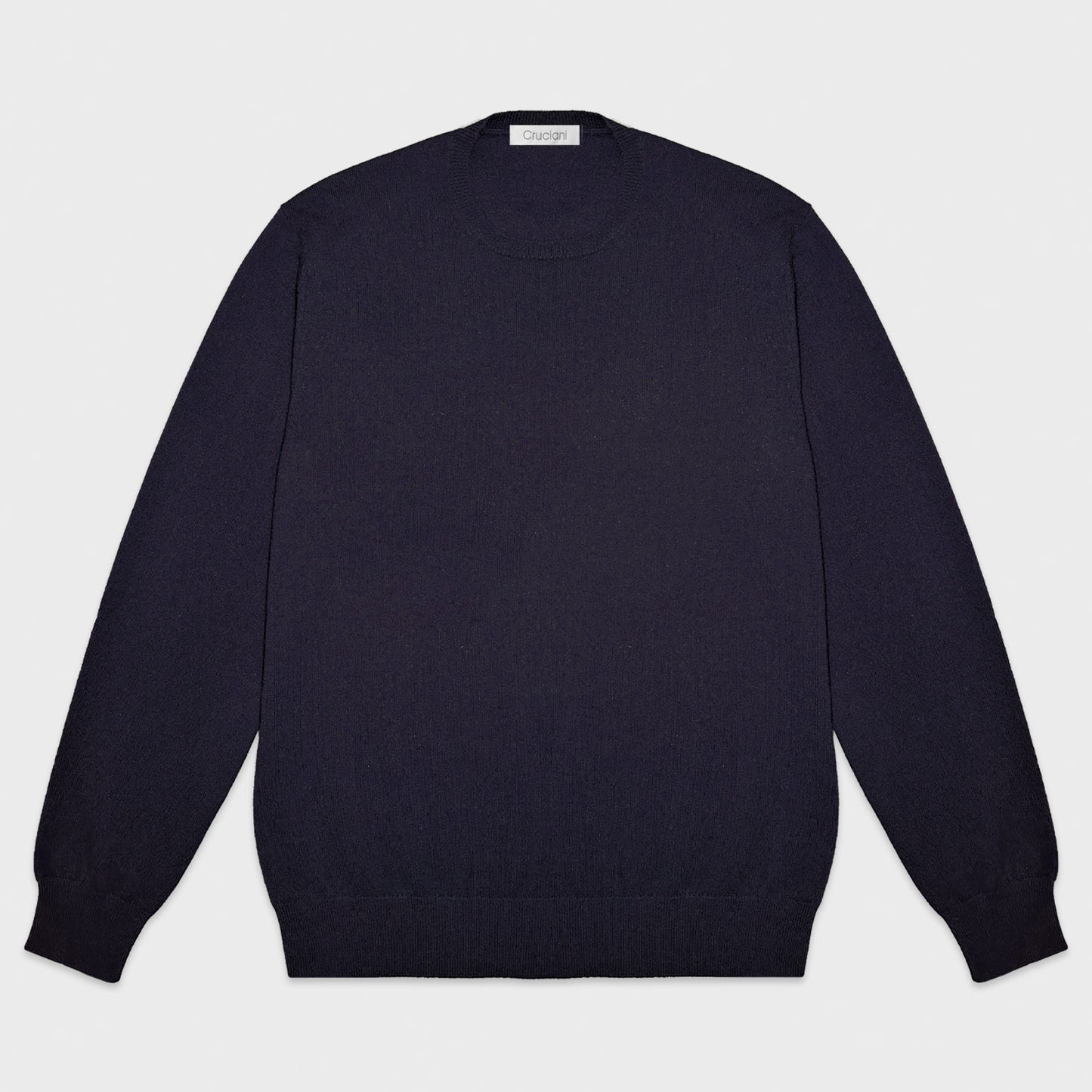 Night Blue Cashmere Sweater Crewneck Cruciani. A timeless sweater! Cruciani cashmere crewneck, classic model, regular fit, finished with the 2cm small edge ribbed crewneck detail. Warm and soft, light and smooth to the touch.