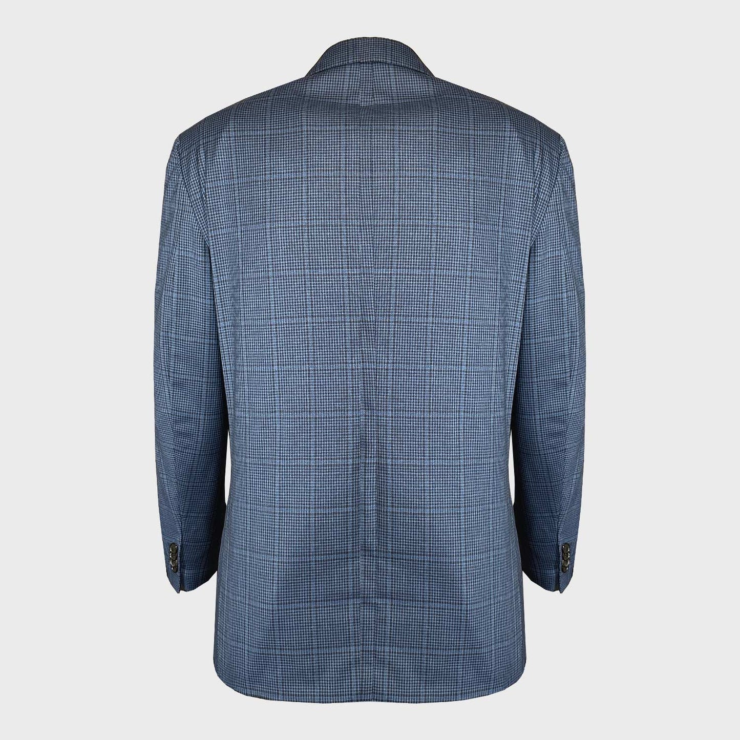 Exclusive Caruso double-breasted wool jacket, a timeless piece available only at Wools Boutique Uomo. This sartorial jacket combines classic elegance with a touch of vintage charm with the sky blue opaque windowpane pattern adds a refined flair.
