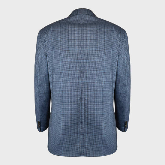 Exclusive Caruso double-breasted wool jacket, a timeless piece available only at Wools Boutique Uomo. This sartorial jacket combines classic elegance with a touch of vintage charm with the sky blue opaque windowpane pattern adds a refined flair.