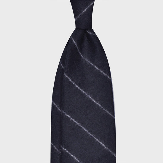 Load image into Gallery viewer, Dark Blue Stripes Wool Tie Unlined 3 Folds. Soft flannel wool tie, handmade f marino napoli for Wools Boutique Uomo, dark blue with ivory white stripes color, soft fabric to the touch, ideal for lovers of regimental wool ties
