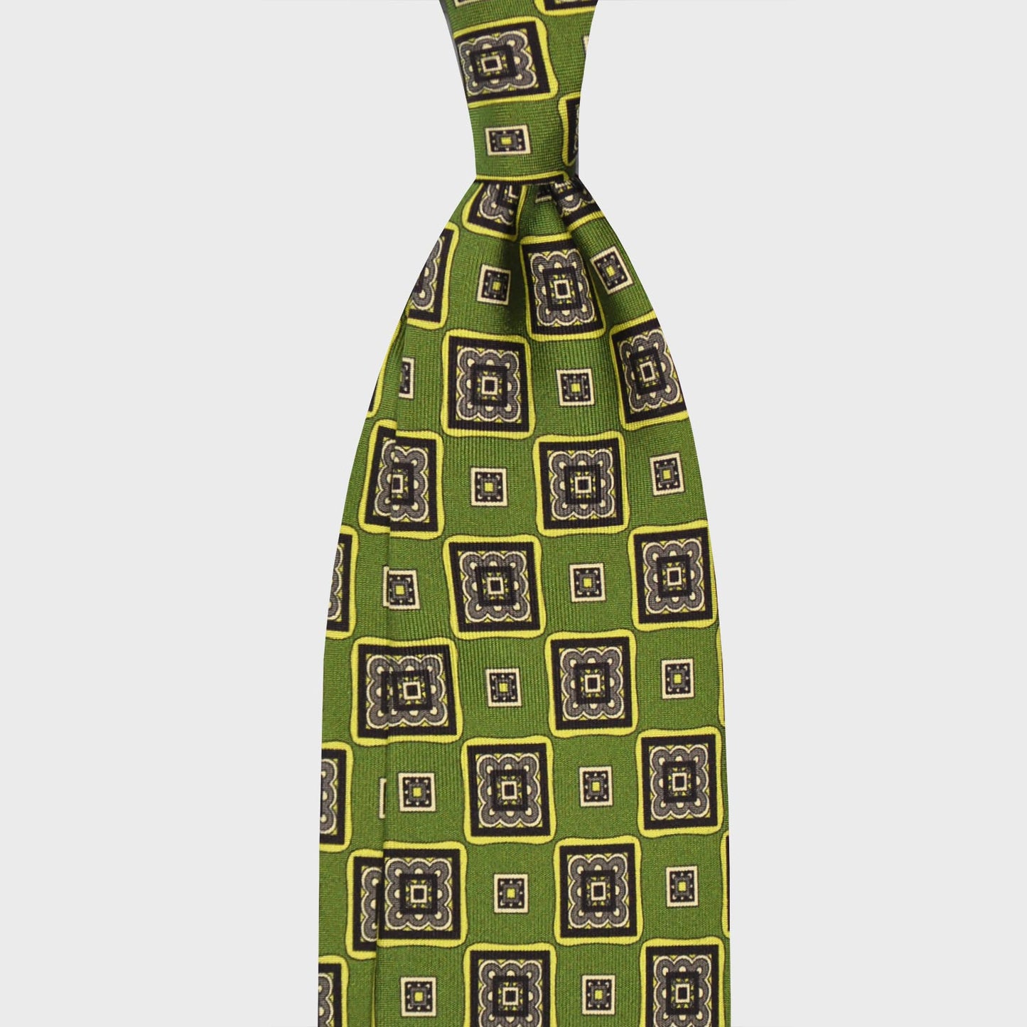 Lime Green Silk Tie Checked Diamonds Pattern. Refined silk tie, lime green background with smoke and anthracite grey checked diamonds  pattern, unlined 3 folds, handmade tie F.Marino Napoli for Wools Boutique Uomo
