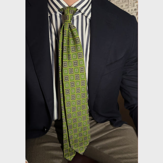 F.Marino Silk Tie 3 Folds Checked Diamonds Lime Green