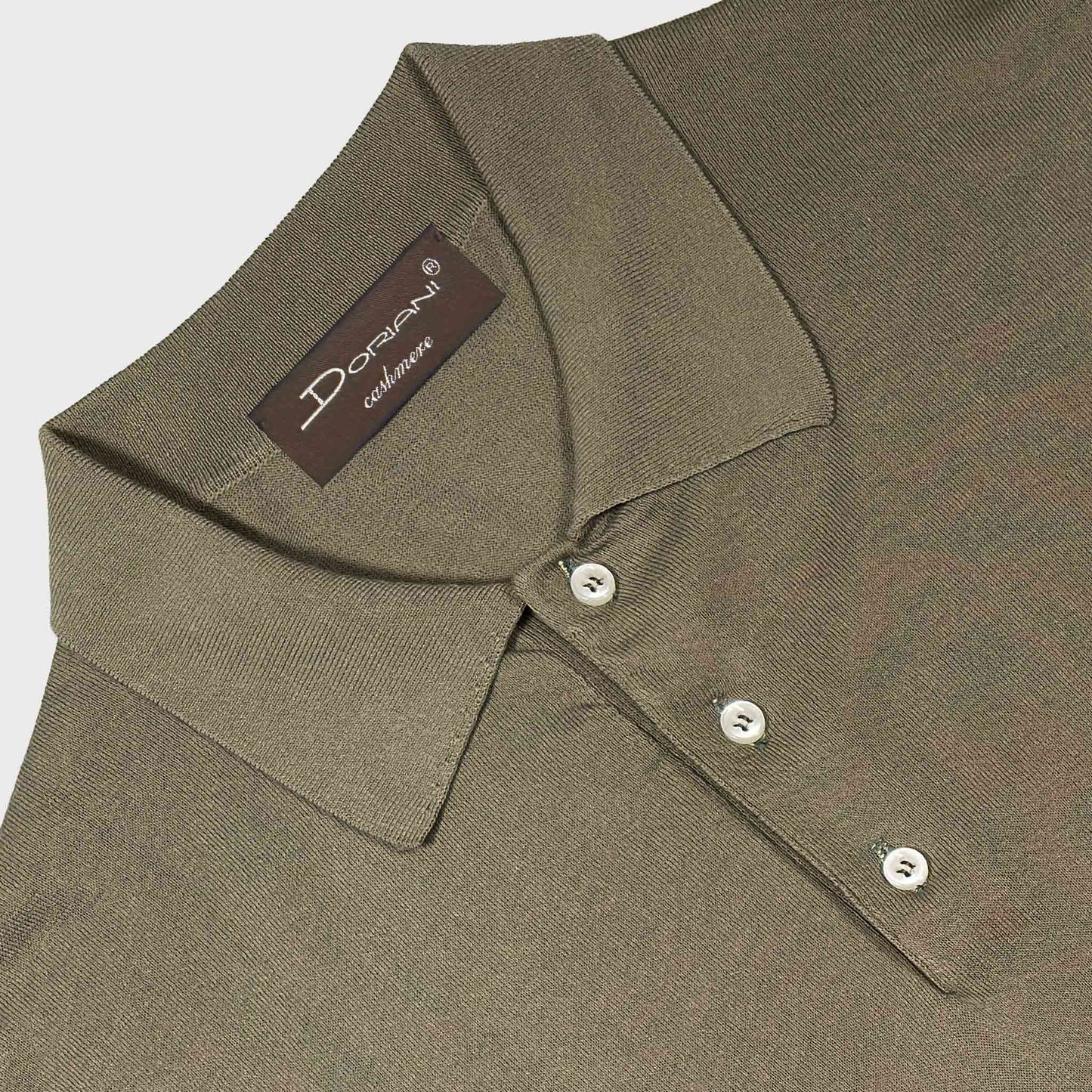 Doriani lightweight mud green knit long sleeve polo with three-button collar