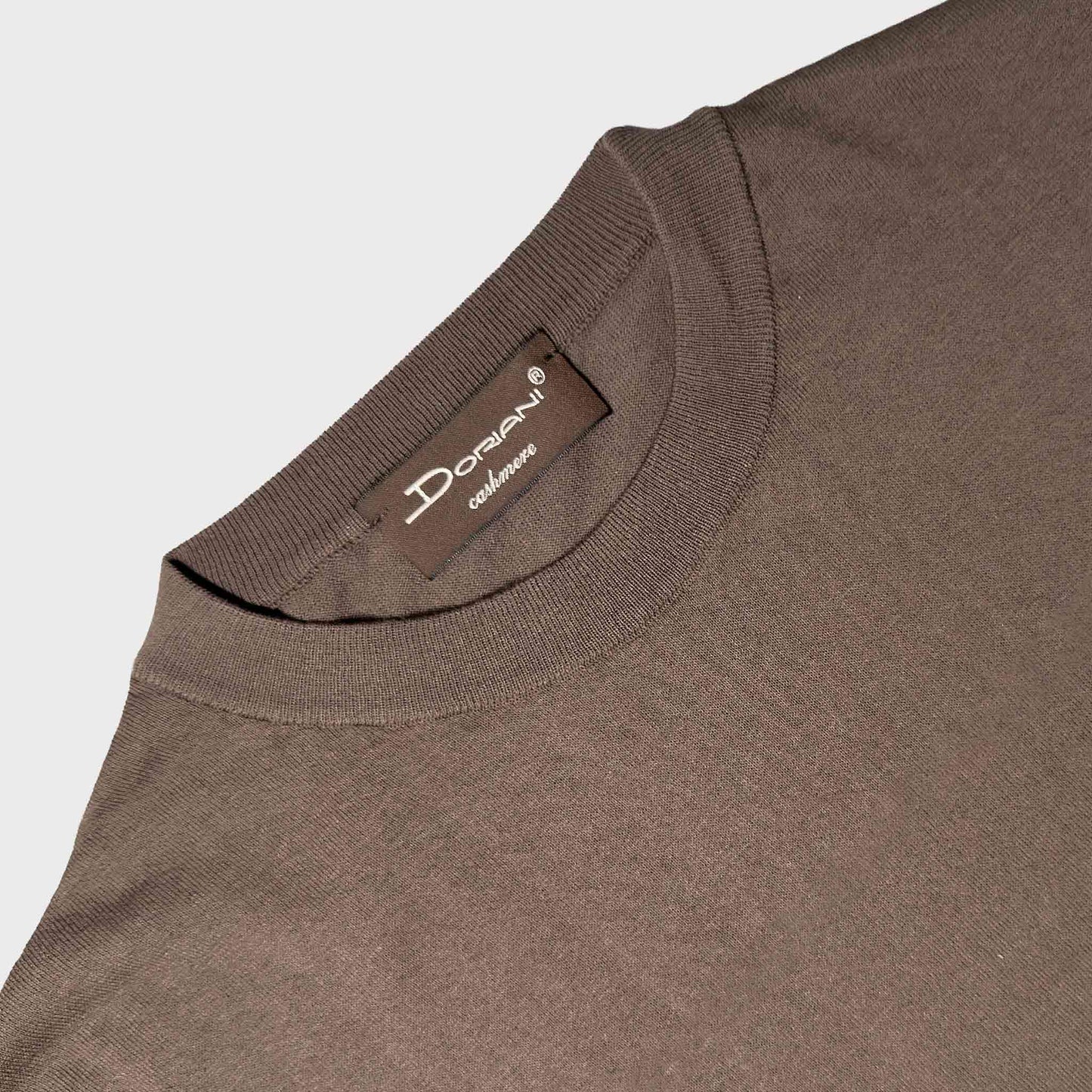 Doriani lightweight deep taupe cotton crewneck sweater with fine knit construction.