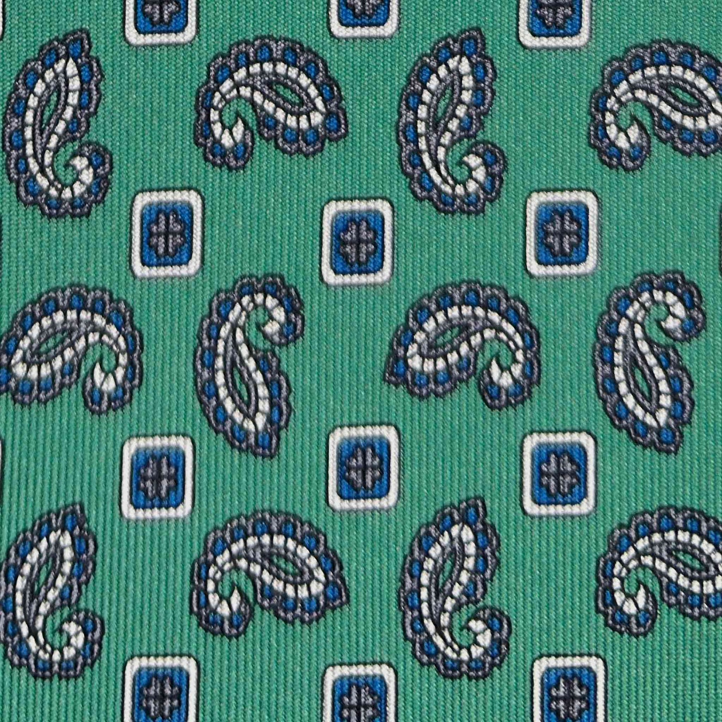 Detail of Paisley and Diamonds Pattern on Emerald Green Silk Tie