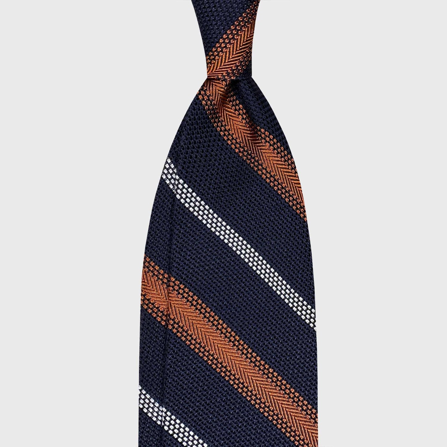 F. Marino grenadine silk regimental tie navy orange silver handmade in Naples