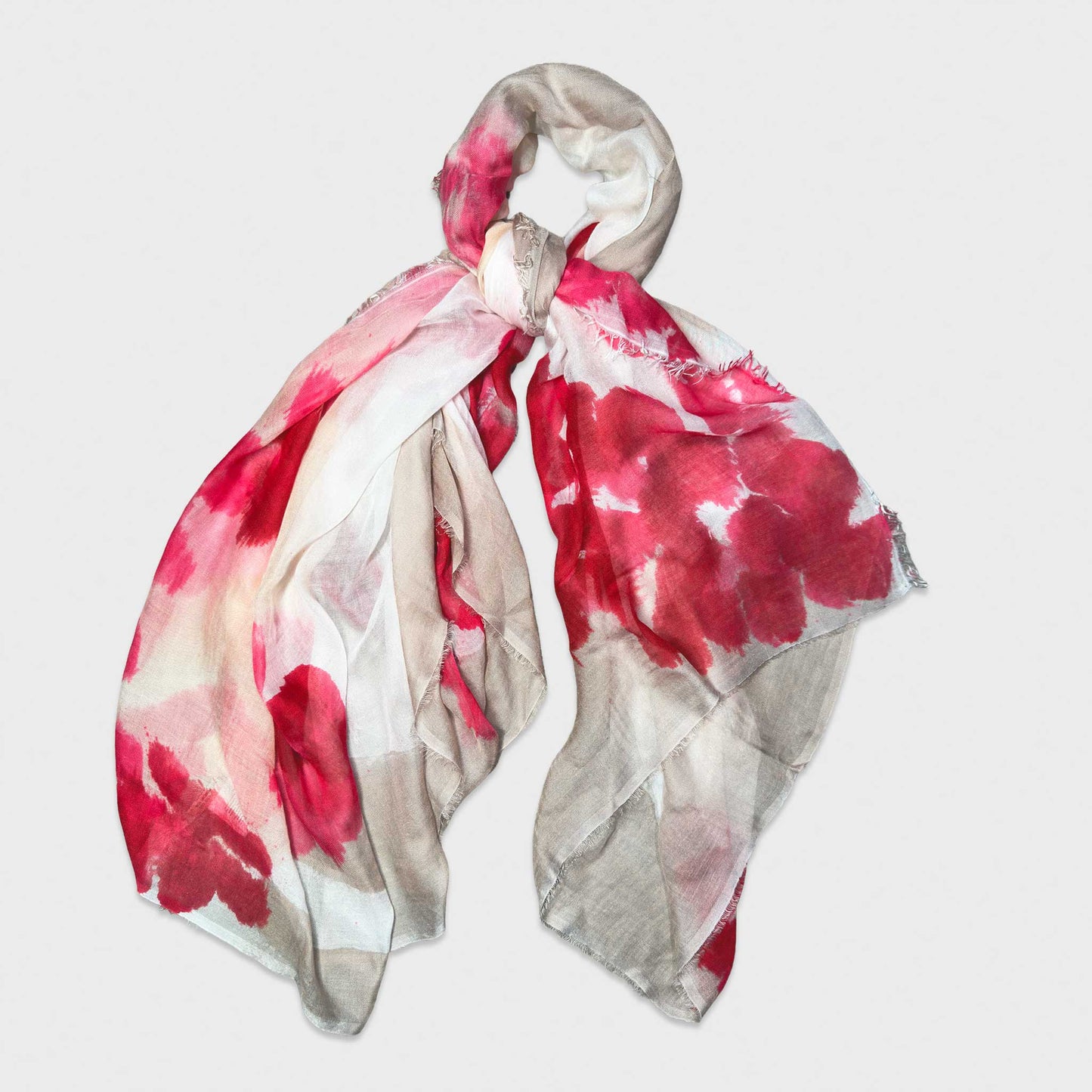 Faliero Sarti modal and silk scarf featuring red watercolor floral motifs on an elegant ecru background. Lightweight Italian stole with an artistic aesthetic, perfect for sophisticated seasonal styling.