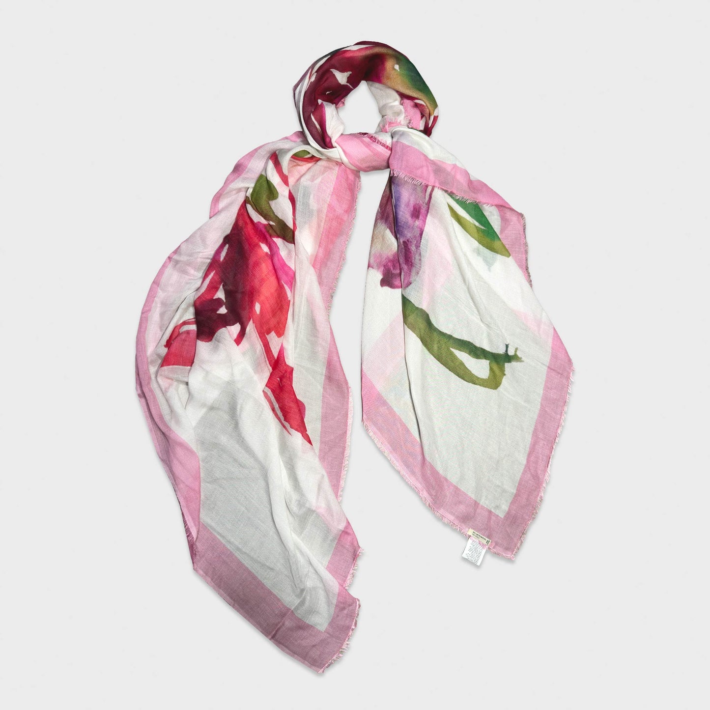 Faliero Sarti modal and silk stole featuring watercolor tulip florals on an elegant ivory background with a pink border. Lightweight Italian stole, refined and artistic. Made in Italy.