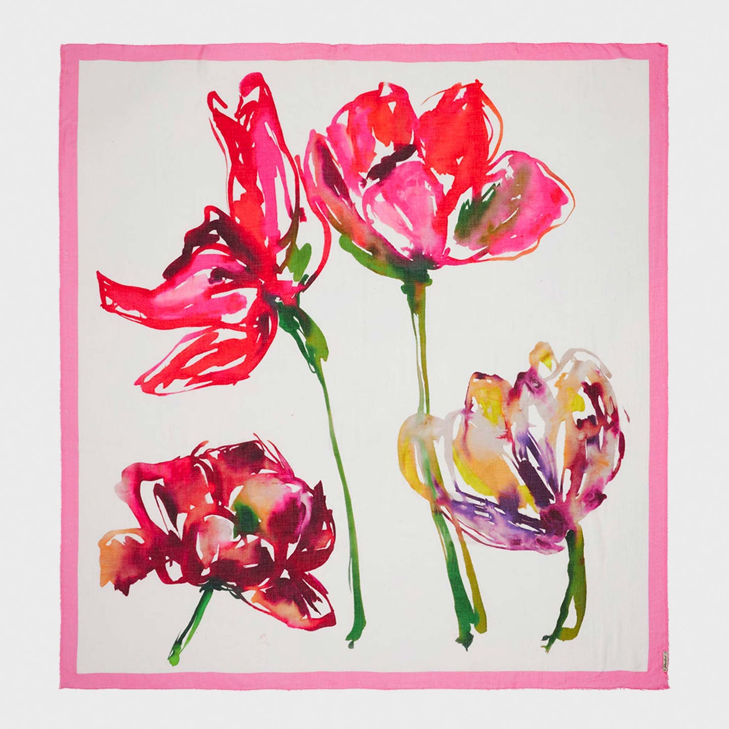 Faliero Sarti Modal Silk Stole Watercolor Tulip Floral Ivory Pink Made in Italy