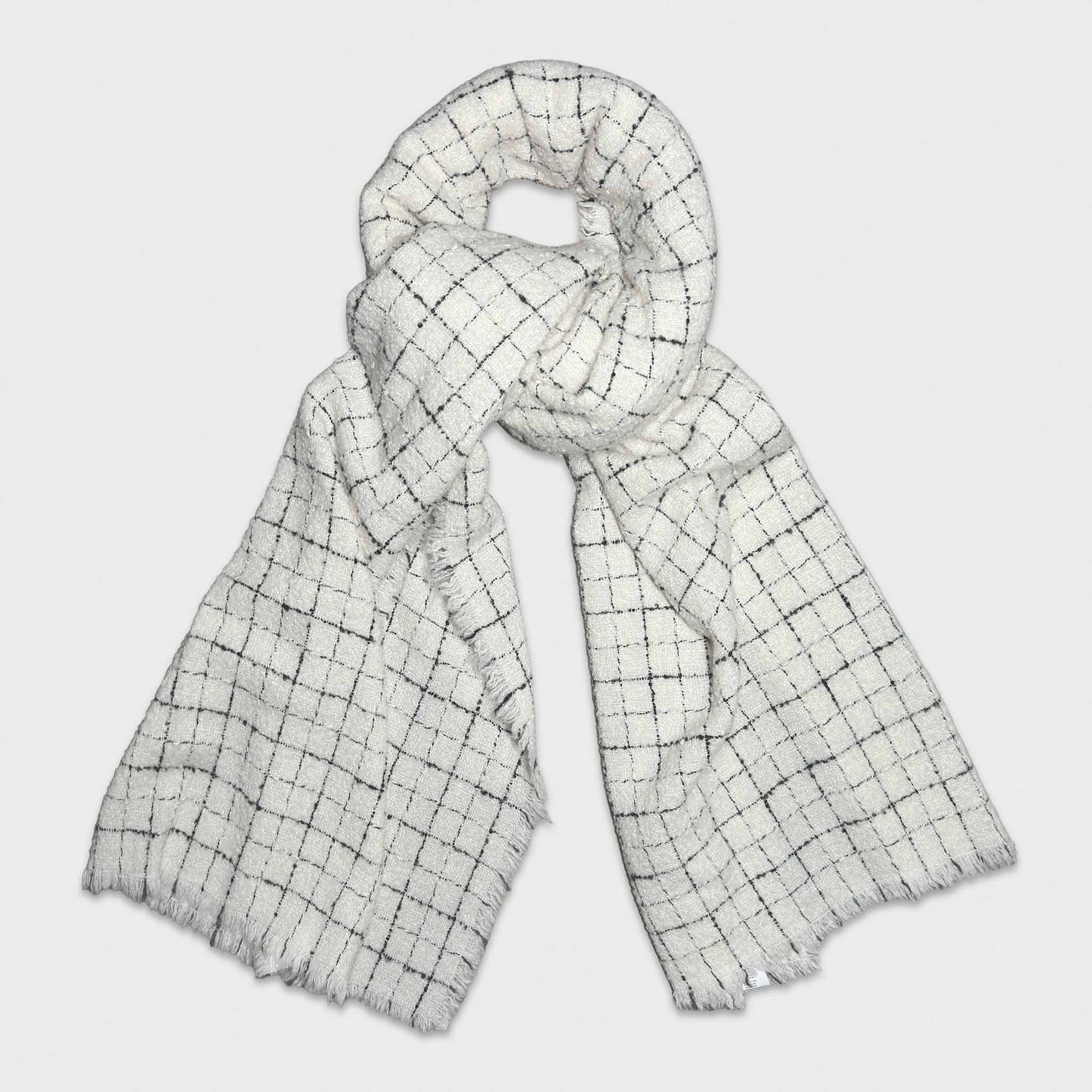 White Wool Cashmere Scarf Windowpane Faliero Sarti. White scarf with a classic windowpane pattern, refined ivory white cashmere scarves made in Italy, unisex comfortable size, warm and very soft to the touch. Discover men's store Geneva Wools Boutique Uomo