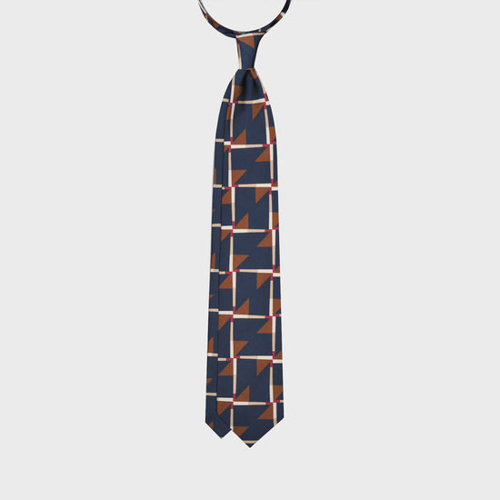 Refined deco tie made with finest Italian silk soft to the touch, cobalt blue background with caramel brown and red Art Decò pattern, unlined tie 3 folds, this Art Deco ties is made with a exclusive pattern made by Wools Boutique Uomo