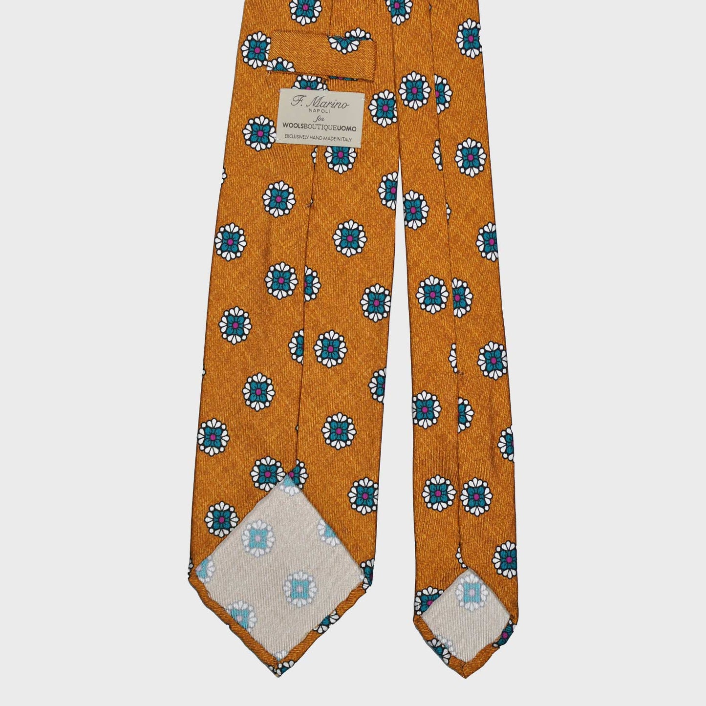 Curry Yellow Silk Tie Unlined Diamonds Flower Pattern