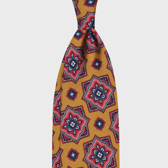 Mandala Pattern Curry Yellow Silk Tie Unlined. Refined mandala pattern curry yellow silk tie, pervinca blue and pink magenta  mandala medallions pattern, unlined 3 folds, handmade tie F.Marino Napoli for Wools Boutique Uomo