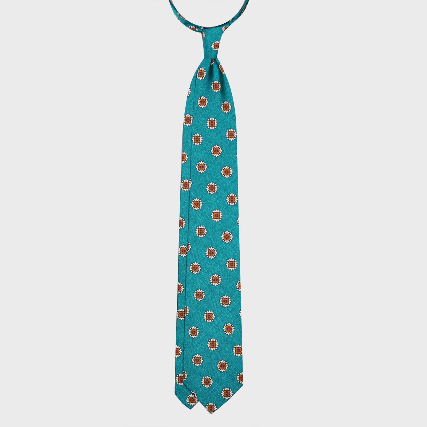 Turquoise Silk Tie Unlined Diamonds Flower Pattern