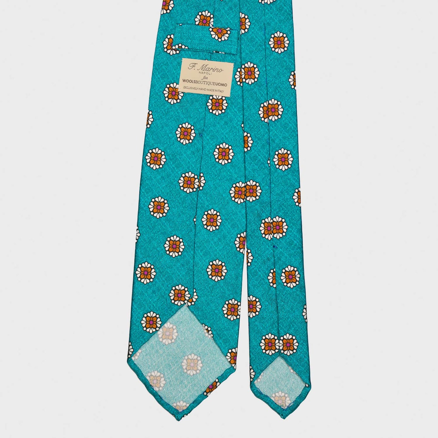 Turquoise Silk Tie Unlined Diamonds Flower Pattern