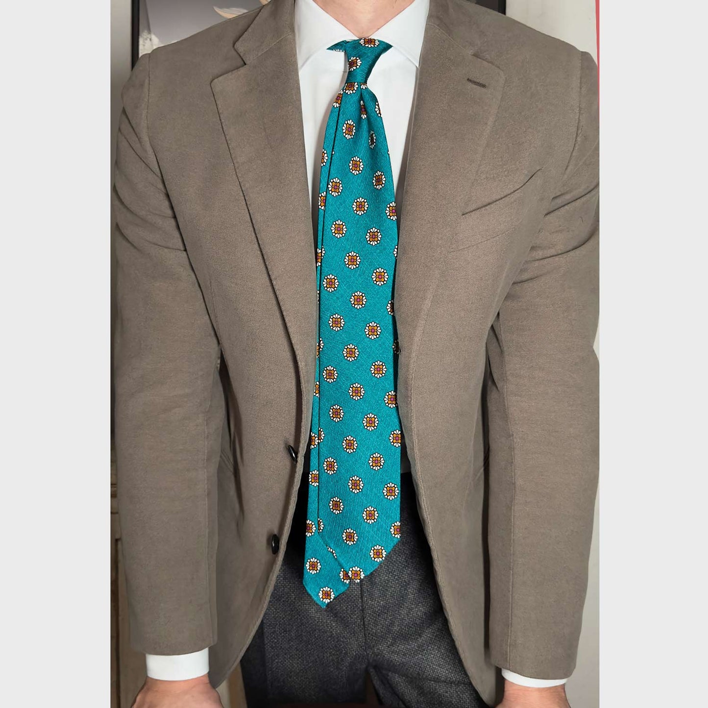 F.Marino Silk Tie 3 Folds Diamonds Flower Turquoise