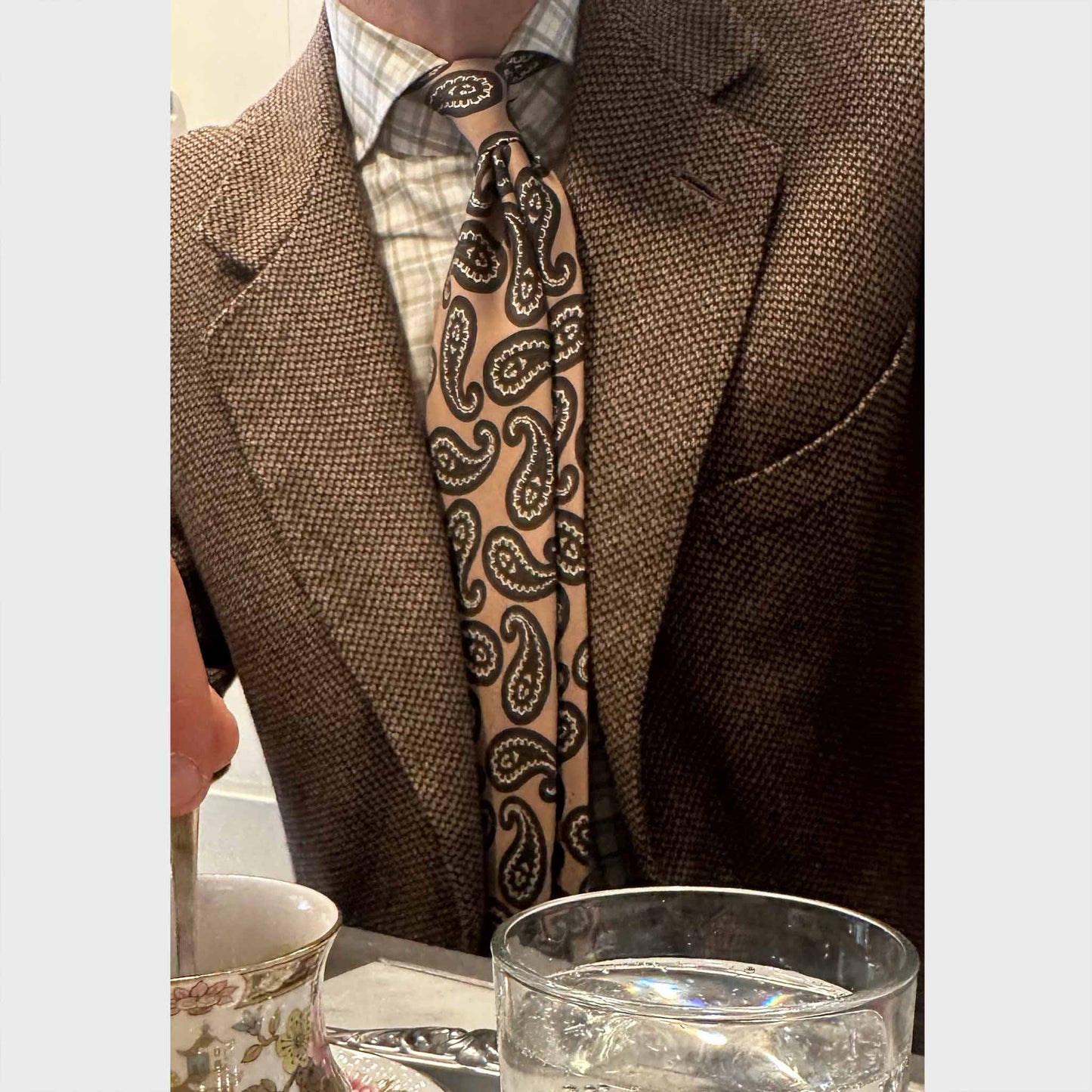 Sand Brown Silk Tie Paisley Bold Pattern Handmade Italy