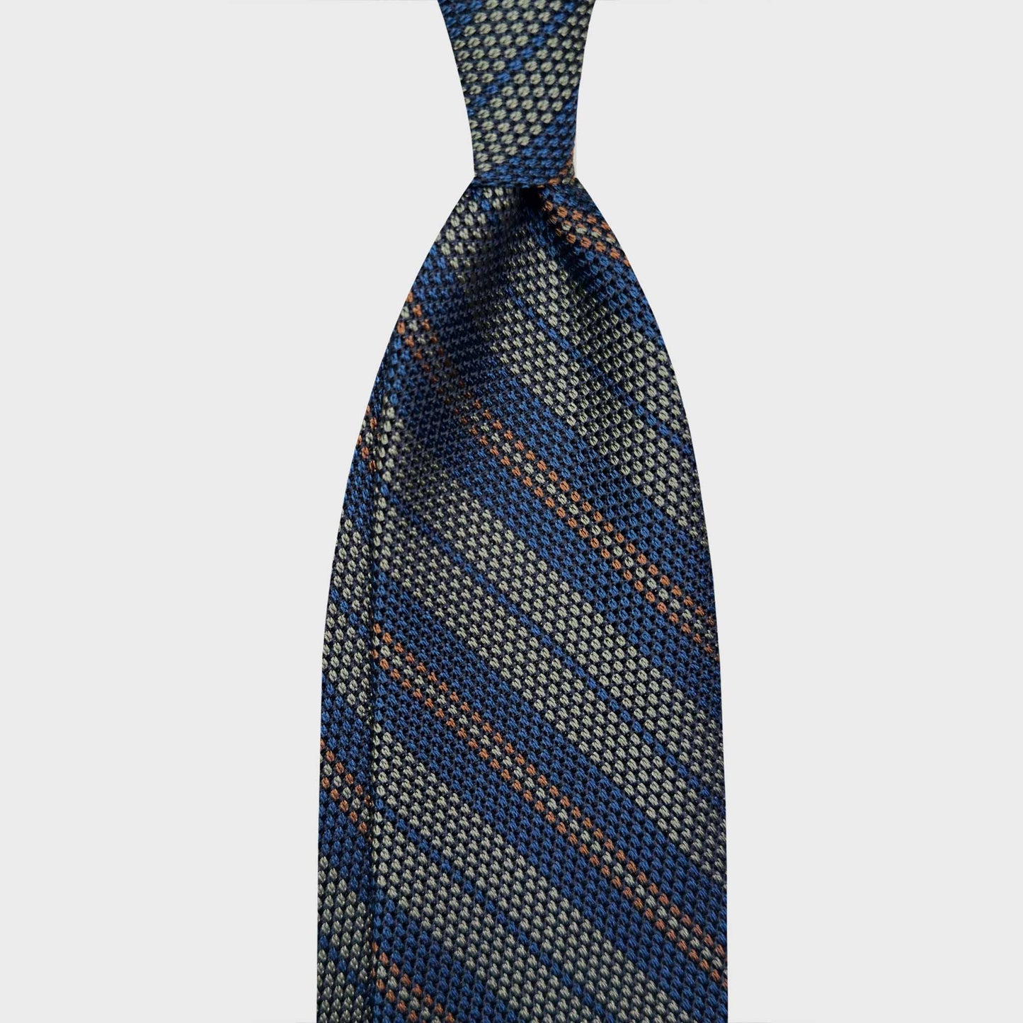 Sage Green Regimental Multi Striped Silk Tie Grenadine Small Gauze. Elegant sage green silk tie small gauze grenadine, cobalt blue and orange multi striped ties, magasin de cravate geneve fabriquées à la main en Italie