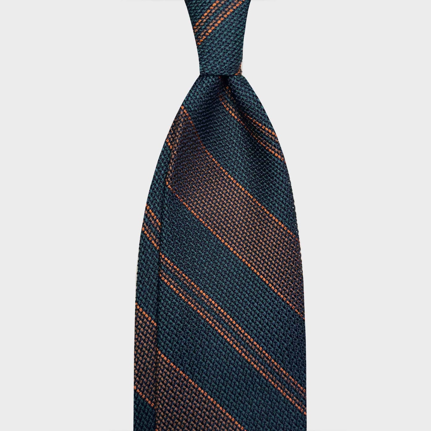 Bottle Green Regimental Multi Striped Silk Tie Grenadine Small Gauze. Multi striped silk tie small gauze grenadine, bottle green and orange multi striped ties, magasin vetement homme suisse, boutique de cravates classiques geneve