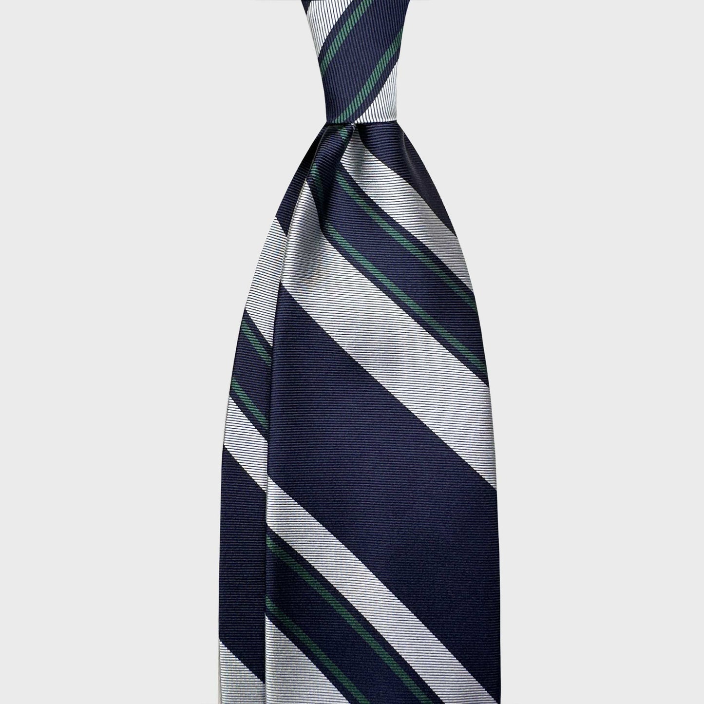Classic Multi Striped Jacquard Silk Tie Hand Made in Italy. Elegant multi striped jacquard tie, navy blue, silver grey, grass green striped ties, explore collection of hand made men's silk ties Geneva Switzerland
