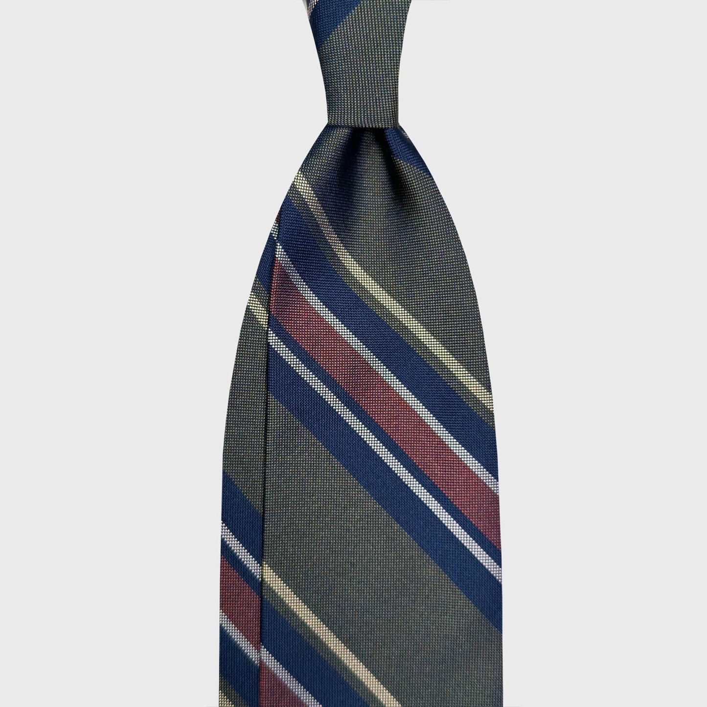 Army Green Striped Tie Panama Silk Linen Men's Ties Store Geneva. Exclusive striped tie made with soft panama silk, army green background, orange, navy blue, silver grey striped ties, explore collection of hand made men's ties. F.Marino Napoli exclusive hand made in Italy for Wools Boutique Uomo Geneva